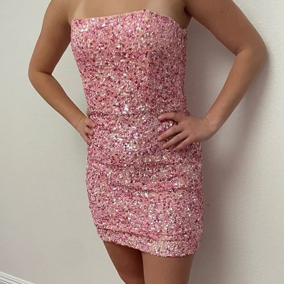 slim fit dress slacks Benia Mini Party Dress in Sequin Metallic Pink main image 1